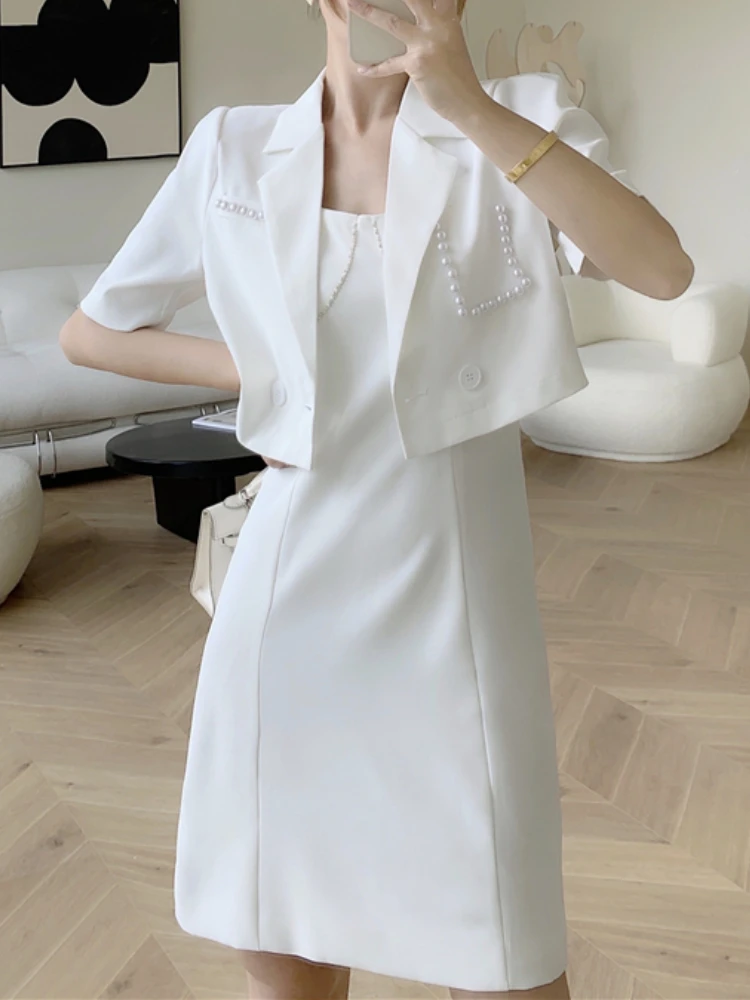 

Summer Elegant Women Blazer Dress Suit Spaghetti Strap Bodycon Vestidos Casual Jacket Two Pieces Set Femme Fashion Clothes