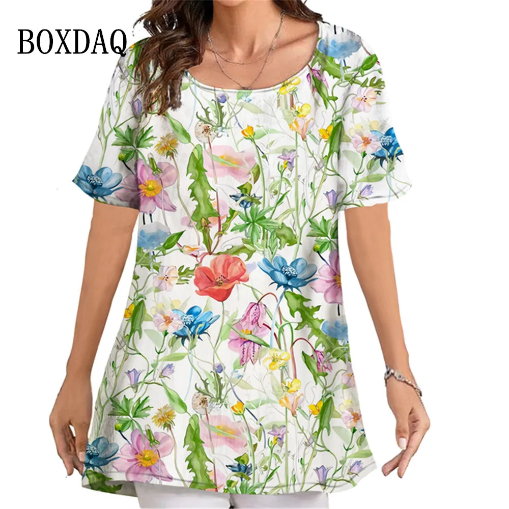 

Women Blouses 2023 Summer Oversized Shirts Plant Flowers Dandelion Wildflower Print Shirts Short Sleeve O-Neck Loose Casual Tops