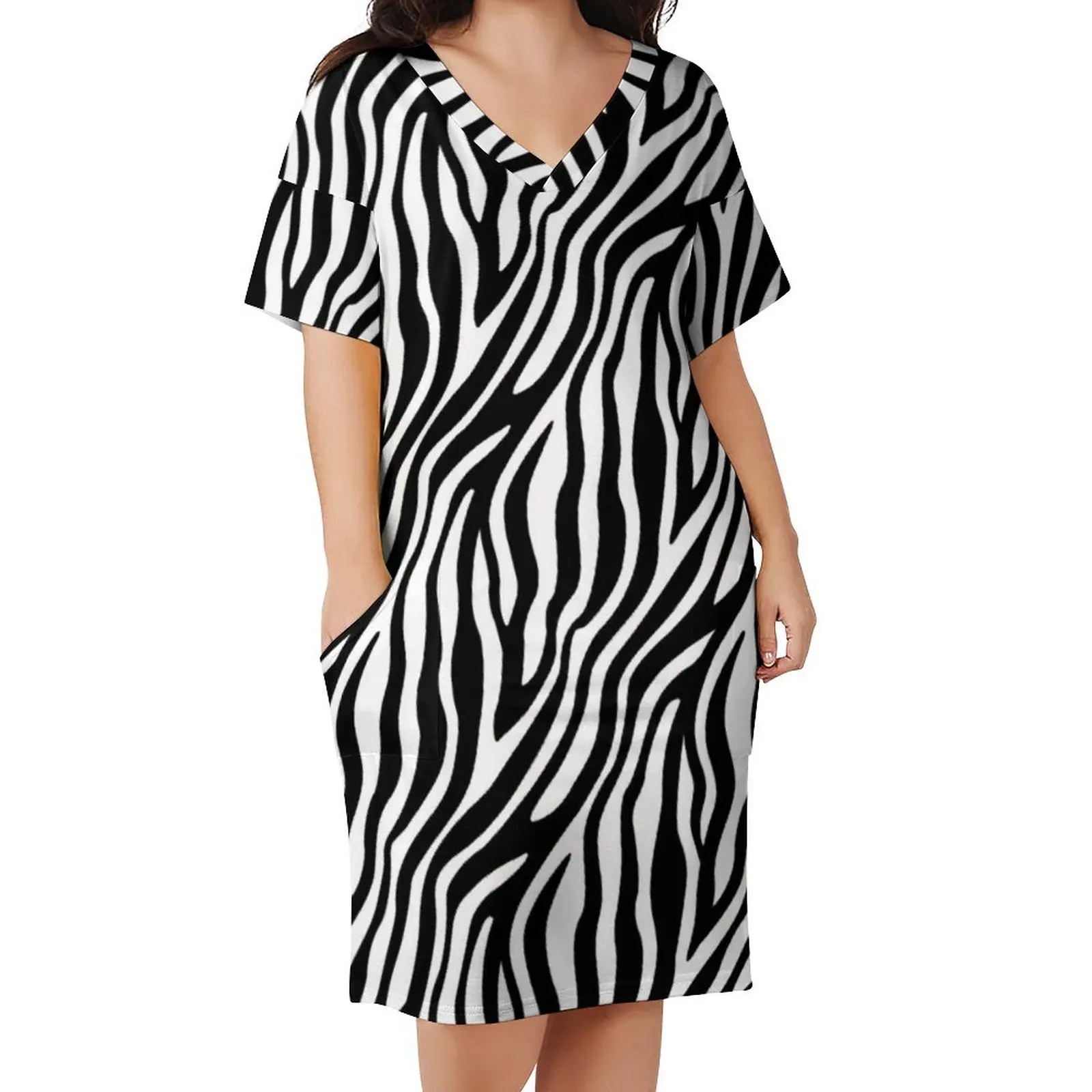 

Zebra Pattern Dress V Neck African Animal Stripes Print Aesthetic Dresses Spring Aesthetic Casual Dress Pattern Oversize Vestido