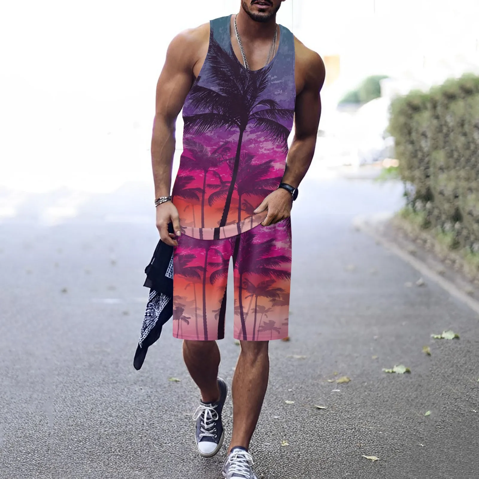 

Tanks Shorts Sets Men's Hawaii Palm Tree Printed Tee Tank Tops Summer Casual Beach Vest Sleeveless Shirts Fitness Gym Clothing