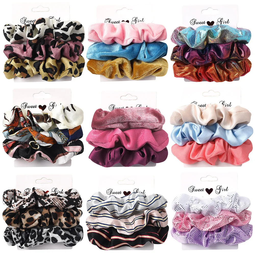 

3/Pcs Silk Scrunchies Print Leopard Scrunchie Set Elastic Hair Bands Solid Color Fashion Headwear Women Hair Accessories Gift