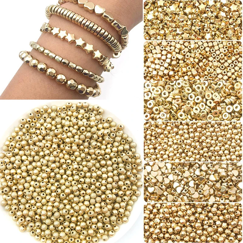 

100pcs Star Heart Round Beads Handmade Diy Bracelets For Needlework Jewelry Making CCB Gold Plated Pentagram Spacer Beads