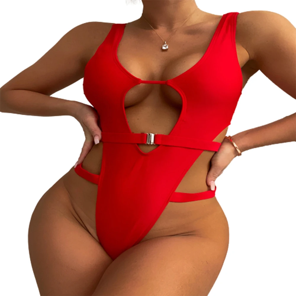 

Женский раздельный купальник-монокини FS, однотонный красный купальный костюм с высокой талией, слитный купальник на лето 2022