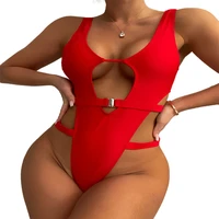 fs sexy women red monokini hollow out bikini set high waist bathing suit solid color swimwear one piece 2022 summer new arrivals