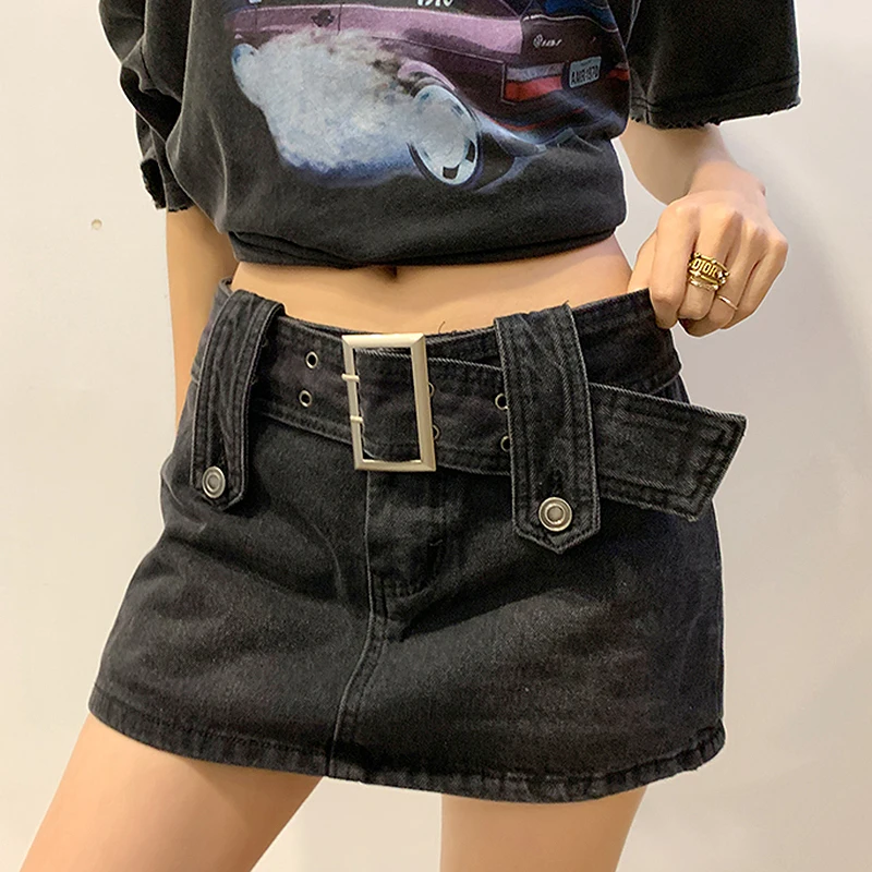 

GGRIGHT Fashion Woman Clothes 2022 Jupe Femme Black Denim Skirt Faldas Mujer Moda Saias Mulher Casual Mini Skirts With Belt