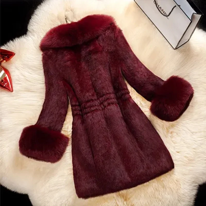 Windbreaker women plush coats winter warm clothing fashion faux fur V Neck Long Sleeve coats 2021 news purple leather jacket