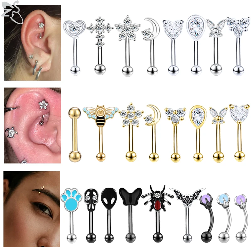 

ZS 1PC Bee Eyebrow Piercing 316L Stainless Steel Curved Barbell Rook Earring Crystal Helix Cartilage Piercing Belly Button Ring