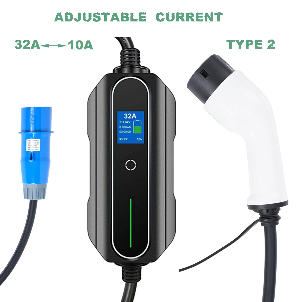 Electric Car Fast EV Charger Type 2 32A 1 Phase 7.2kw Mennekes CEE Portable Charging Station 5M Cable for IEC 62196-2 Vehicles