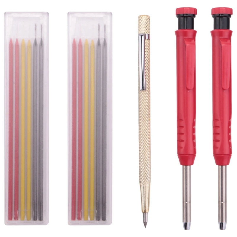 

Deep Hole Carpenter Pencils Set 2Pcs Mechanical Solid Pencil With 14 Refill Leads And Carbide Scriber Tool Marking Kit