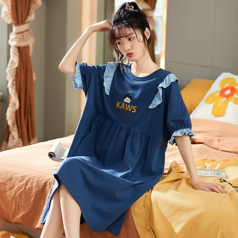 

With Chest Pad Young Girls Summer Lovely Nightgown Short Sleeve Softy Cotton Home Service Nightdress Women Clothing M-XXXL