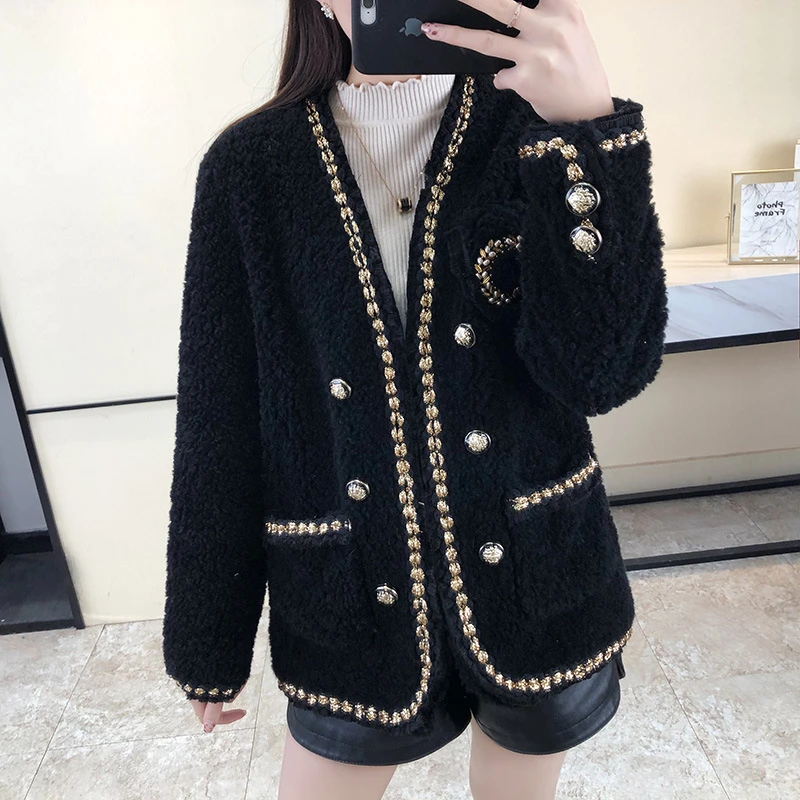 Women's Winter Fluffy Sheepskin Coats Solid Color Casual V Neck Lamb Wool Double Breasted Real Fur Cropped Jackets Female E692