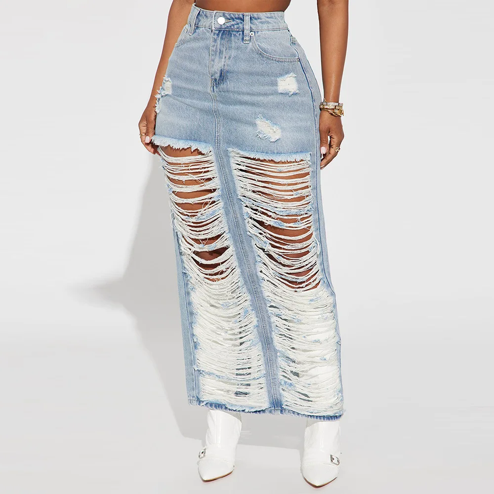 

2023 Summer Fashion Sexy Light Blue Jean Long Skirt Women Casual Ripped Out Hollow Out High Waist Zipper Slit Street Jean Skirts