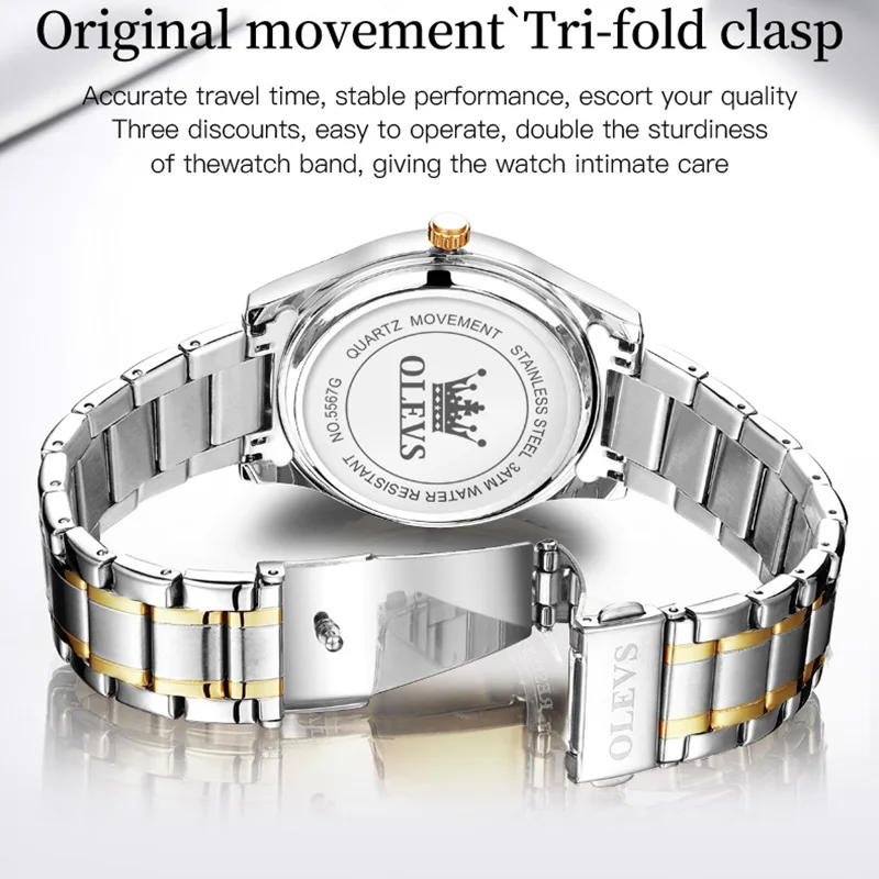 OLEVS 5567 Waterproof Alloy Strap Couple  Wristwatch Casual Quartz Trendy Luxury Watches for Couple Calendar Week Display