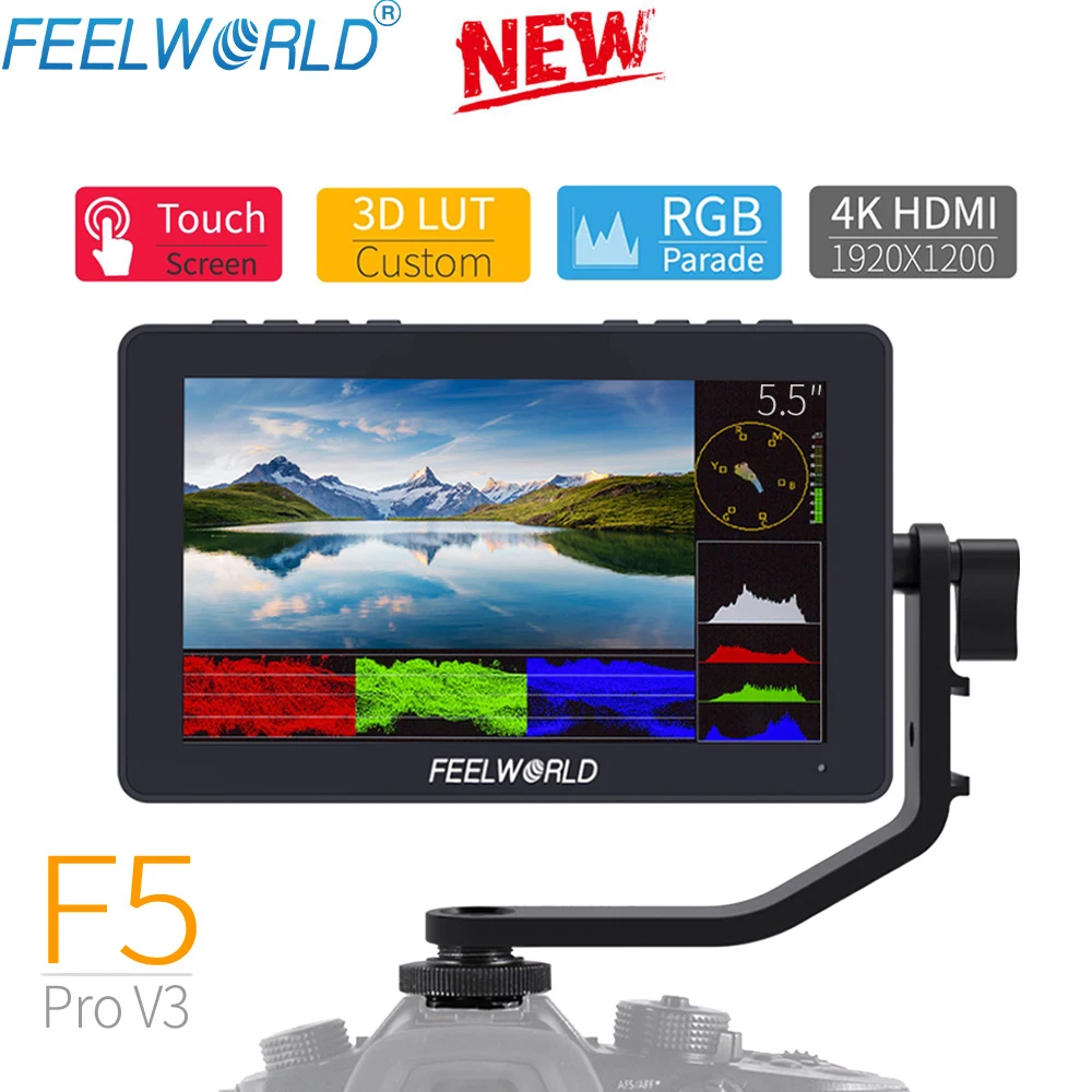 

FEELWORLD F5 Pro V3 5.5 Inch on DSLR Camera Field Monitor Touch Screen 3D LUT 4K HDMI External Wireless transmission LED Light