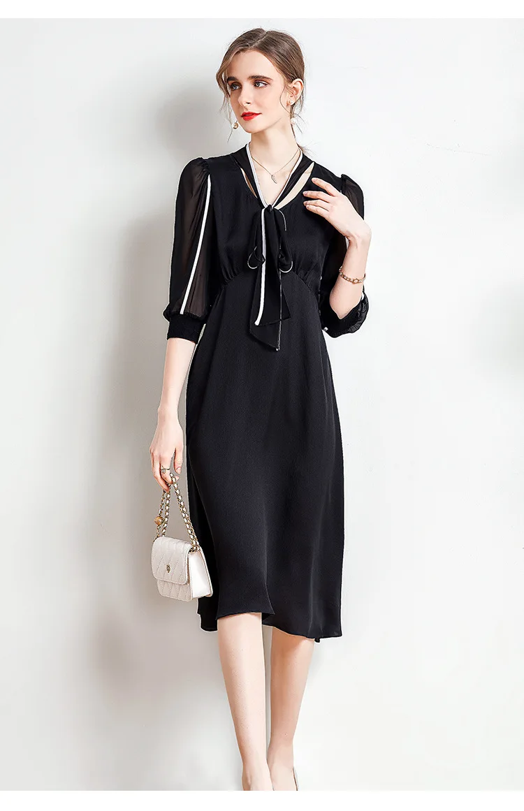 

Women's Dress Summer Mulberry Silk Puff Sleeve Scarf Collar Shirring Solid Midi Skirt 100% Silk Elegant Dresses for Women 2022