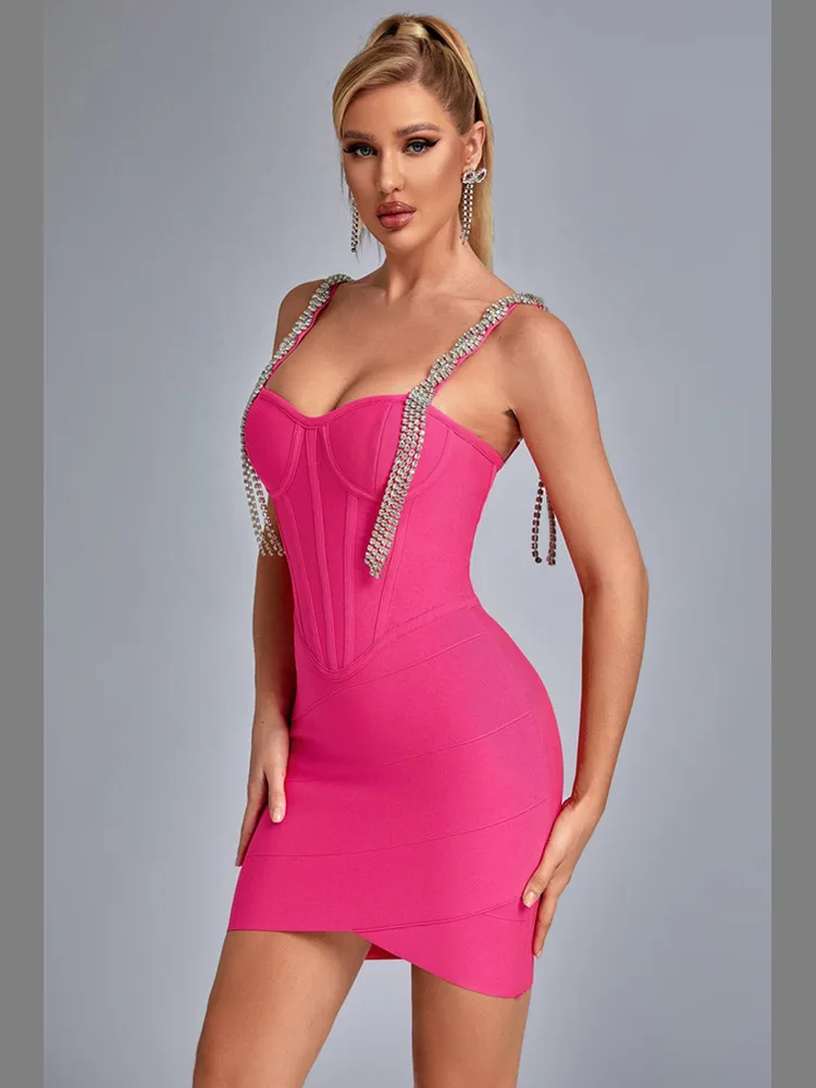 

2022 New Summer Rosered Color Women Sleeveless Sexy Diamond Strap Bodycon Mini Dress Rayon Bandage Nightclub Party Dress