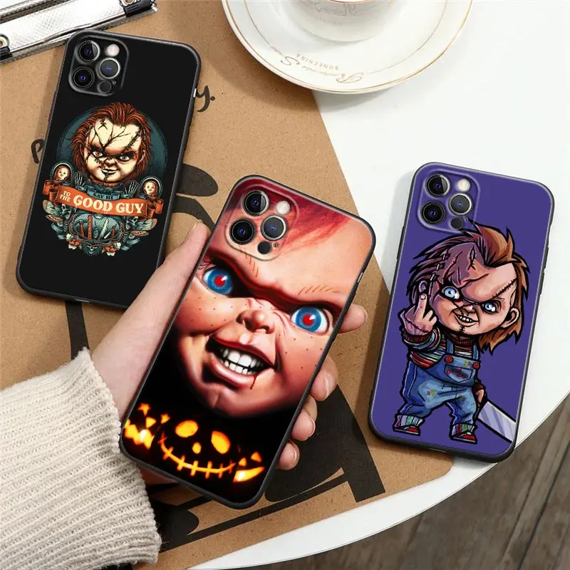 

Horror Movie Scary Chucky Doll Black Phone Case for IPhone 12 11 13 14 Pro Max XS XR 8 7 Plus SE Soft Cover Childs-play-3 Fundas