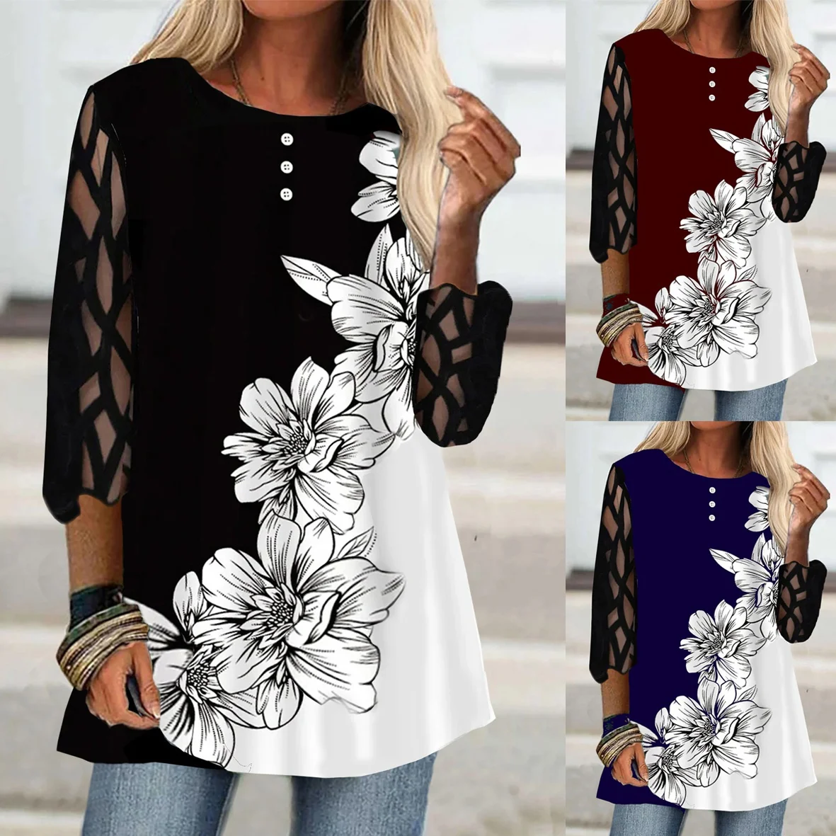 Spring and Autumn Women Fashion Loose Casual T-Shirts Half Sleeve Mesh Sleeves Floral Print Round Neck Tops