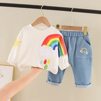 childrens long sleeved rainbow sun pattern two piece childrens wear boys and girls clothing spring and autumn sportswear who