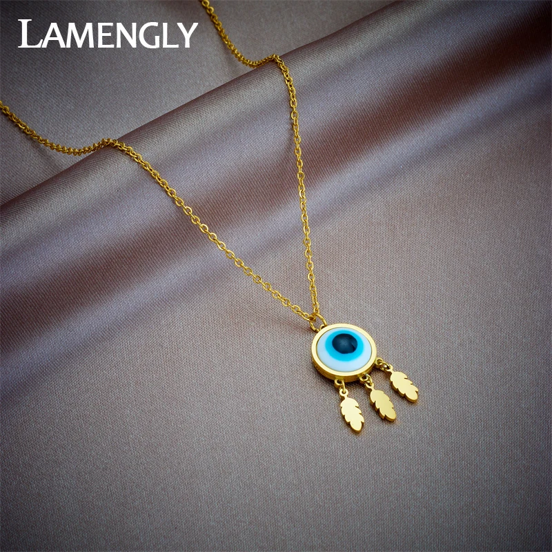 

LAMENGLY 316L Stainless Steel Round Eye Feather Pendant Necklace For Women Girl New Clavicle Chain Non-fading Jewelry Gift Party