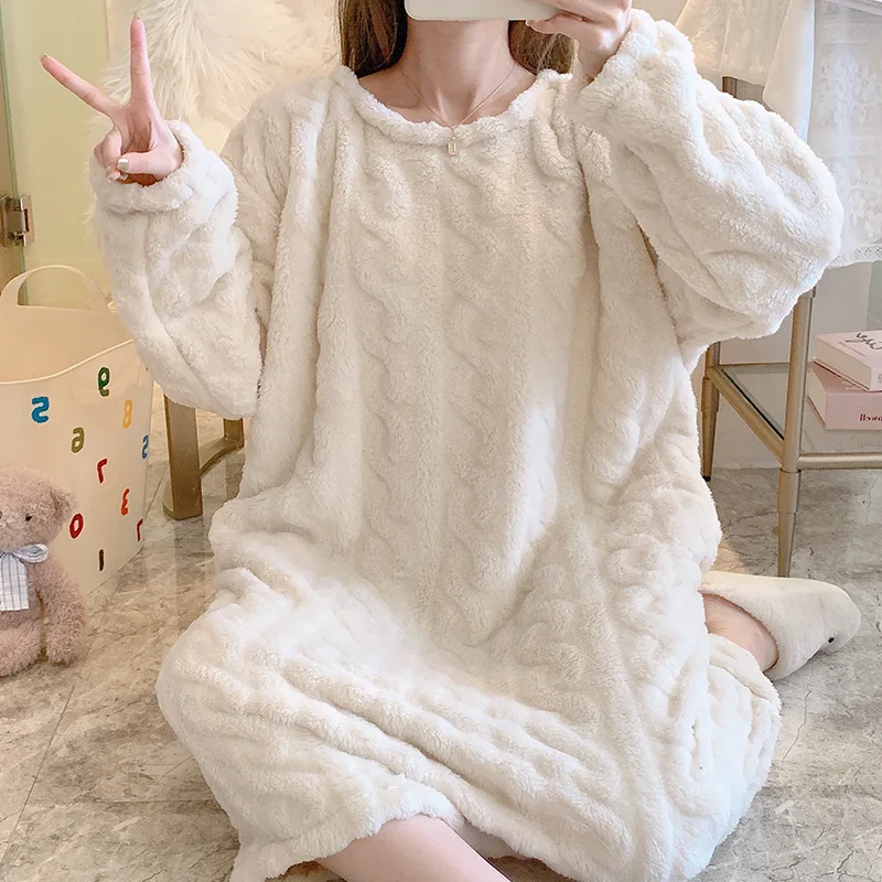 Winter Pajamas Women Plush Coral Fleece Sleepwear Cartoon Cute Warm Thick Nightgown Lovely Embroidery Loose Nightdress Nightwear