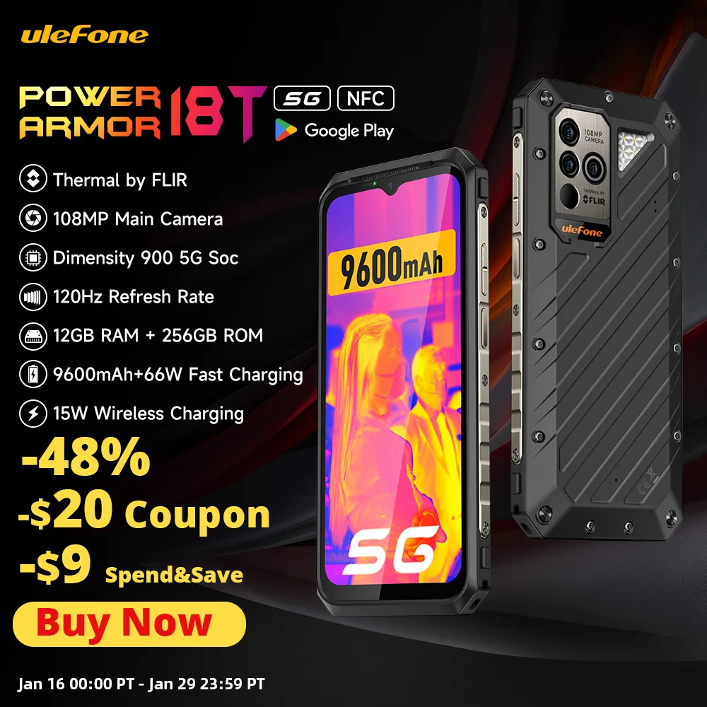 Ulefone Power Armor 18T Rugged Phone Thermal Imaging Camera FLIR® smartphone 12GB+256GB 9600mAh 66W moblie phone Global version