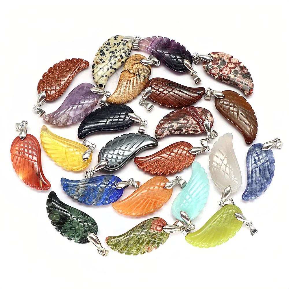 35mm Angel Wing Pendant Natural Stone Amethyst Pink Quartz Reiki Healing Crystal DIY Necklace Fashion Gemstone Jewelry Love Gift