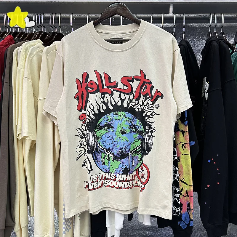 

Summer Style High Quality Oversized Short Sleeve Tee Top Hip Hop Earth Ghost Print Hellstar T-Shirt For Men Women Black Apricot