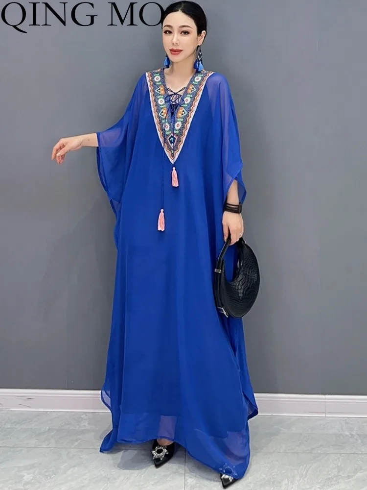 

Женское винтажное платье с V-образным вырезом QING MO, свободное Сетчатое платье с коротким рукавом, приталенное синее платье большого размера ZXF3256, лето 2023