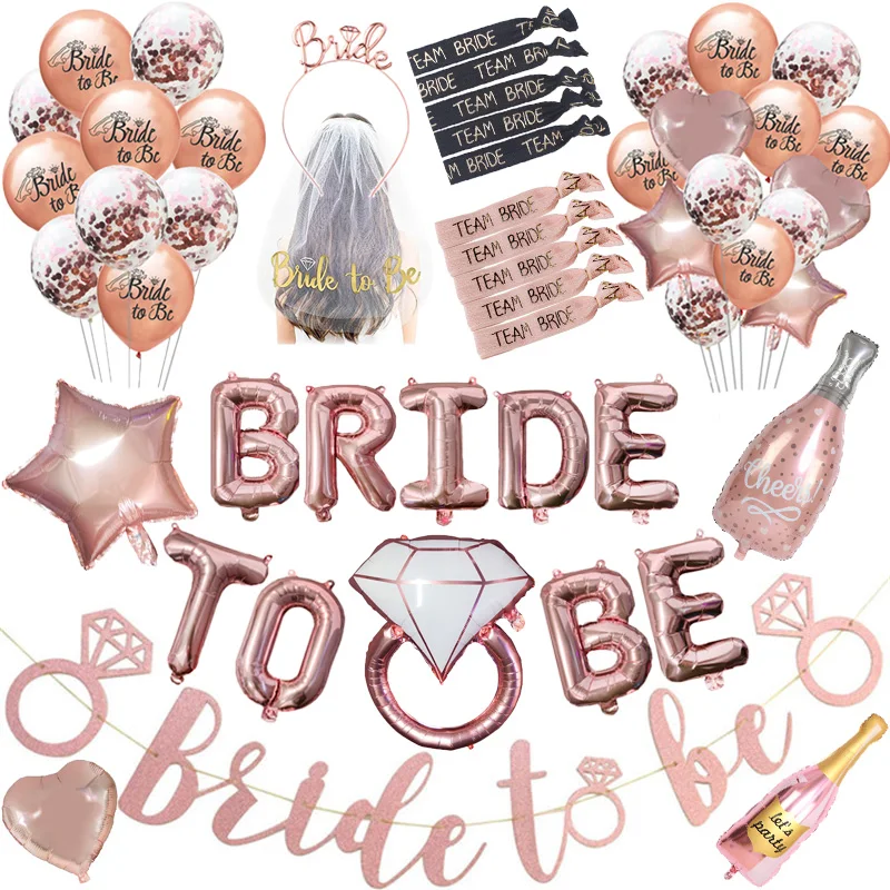 

Team Bride To Be Rose Gold Banner Balloons Wedding Decoration Veil Headband Bridesmaid Sash Bracelet Bachelorette Party Supplies