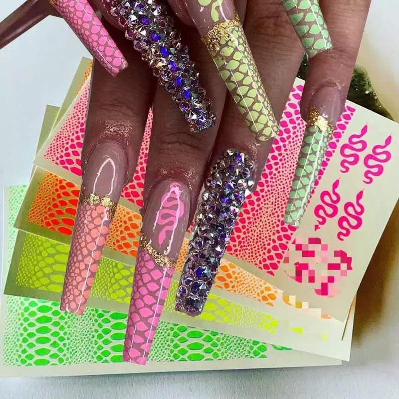 

Snake Skin Neon Stickers,Fluorescent Crocodile&Snake Print Nail Decals,3D Nail Art Serpentine Stripe Waterslide Decals&*