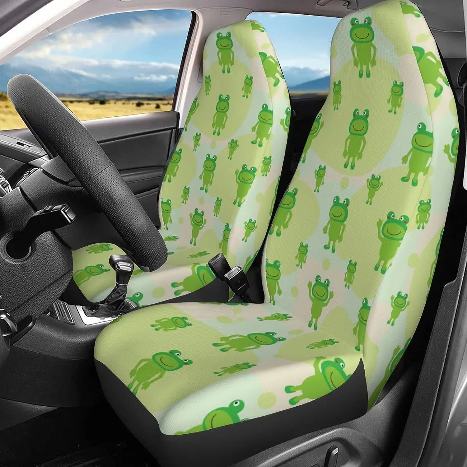 

Car Seat Covers Set 2Pcs Cartoon Green Frog Universal Front Car Seats Vehicle Enterior Protector Suitable Fits Most Car Auto SUV