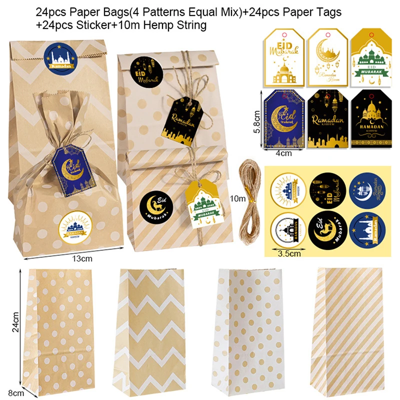 

24pcs Eid Mubarak Kraft Paper Gift Bags Muslim Islamic Festival Party Cookie Candy Packaging Box Ramadan Kareem