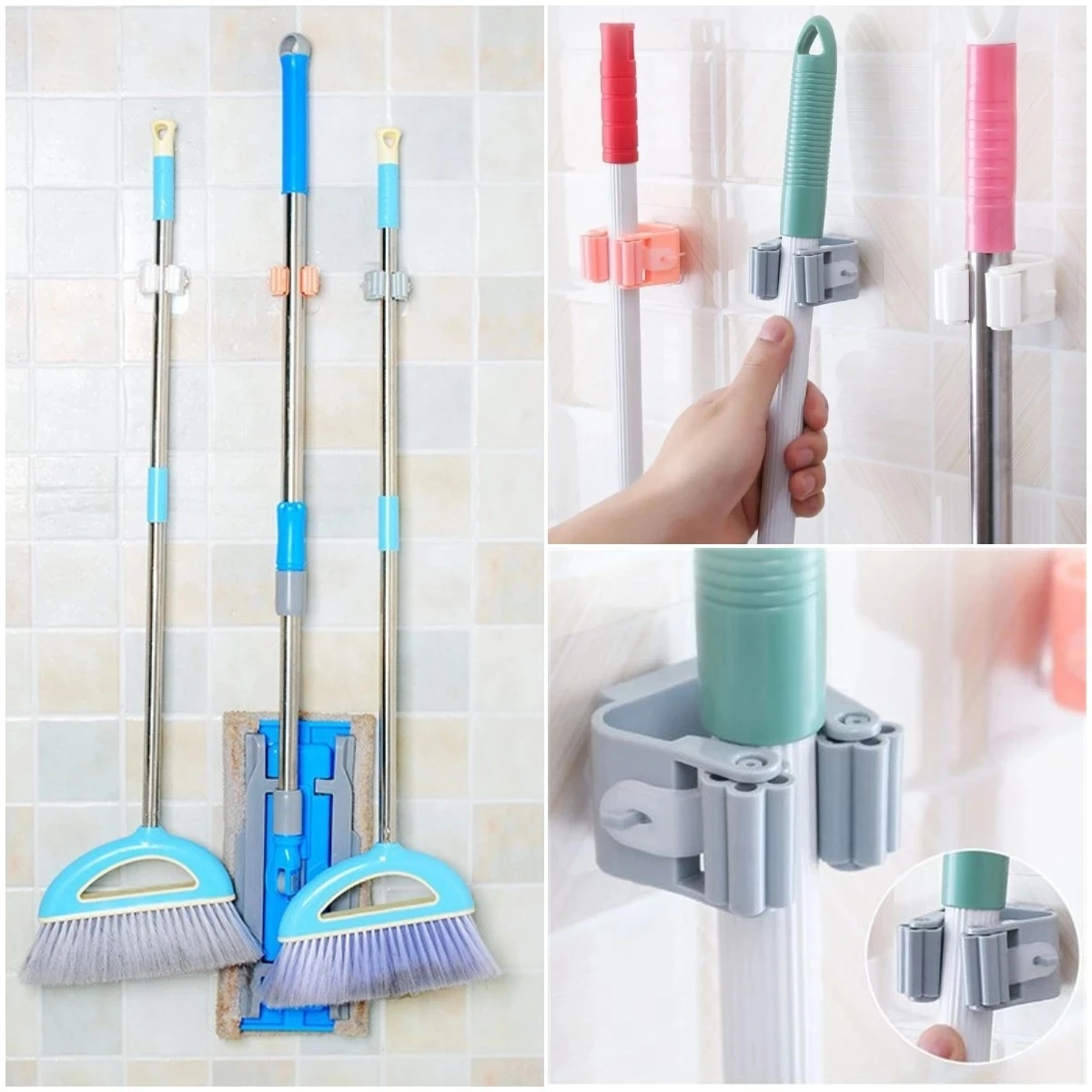 

Self-Adhesive Wall Mounted Mop Holder Broom Hook Storage Rack Shelf Hanger for Bathroom Kitchen Home Organization Accessories