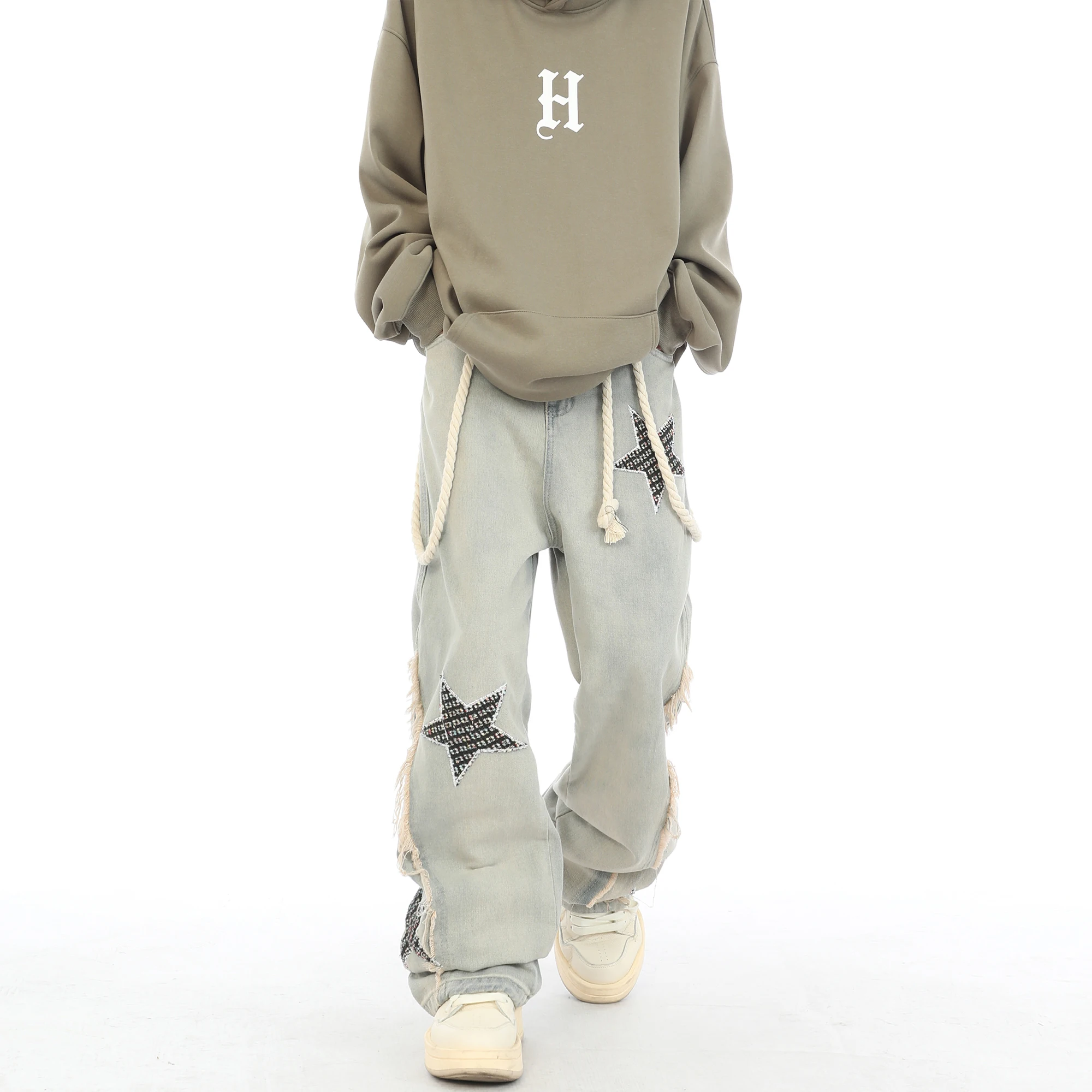 

Retro Pentagram Embroidery Patches Raw Edge Wide Leg Jeans Men's Washed Distressed Jeans Pants Baggy Draping Wide Trousers Jeans