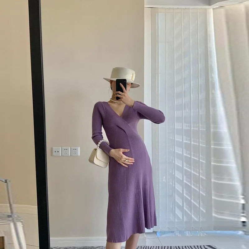 

Autumn Winter Dense Knitted Maternity Sweaters Dress Elegant V Neck A Line Slim Clothes for Pregnant Women Pregnancy Ins