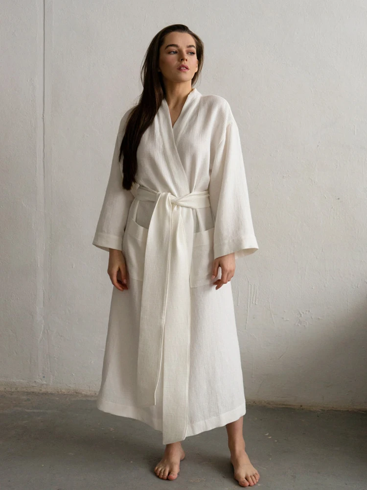 

Hiloc White Waffle Robe Women's Kimono Double Pockets Long Sleeve Women'S Dressing Gown Mid-Calf Night Dress Women Bathrobe 2023