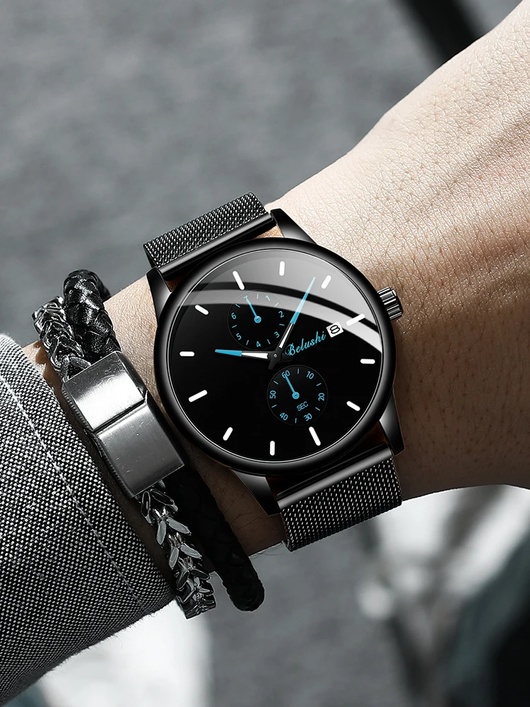 

Men Quartz Black Matte Net Stainless Steel Straps Red Blue Dial Fashion Watch