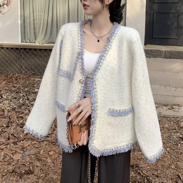 

2023Casual tweed coat, autumn new Korean high-end feeling small fragrant style unique imitation mink coat,fashion loose design f