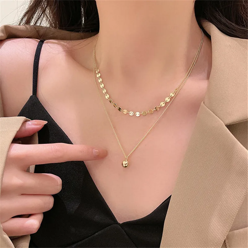 

European and American Style Superimposed Metal Wafer Ball Pendant Double Layer Choker Necklace For Woman‘s 2022 Fashion Jewelry