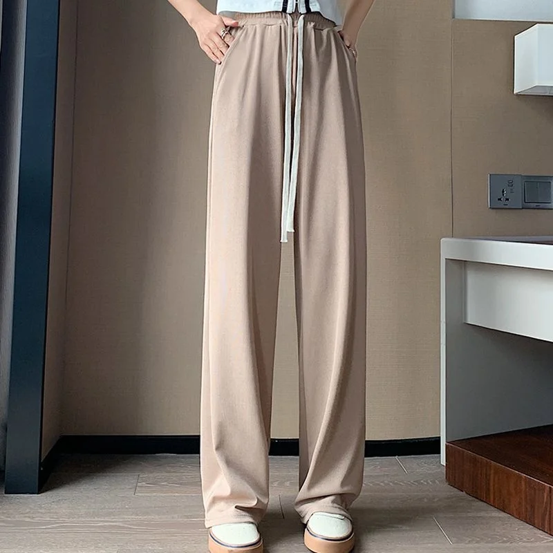 Women's Straight 2023 New High Waist Spring Summer Casual Pants Ladies Ice Silk Ankle Trousers Girls Solid Color