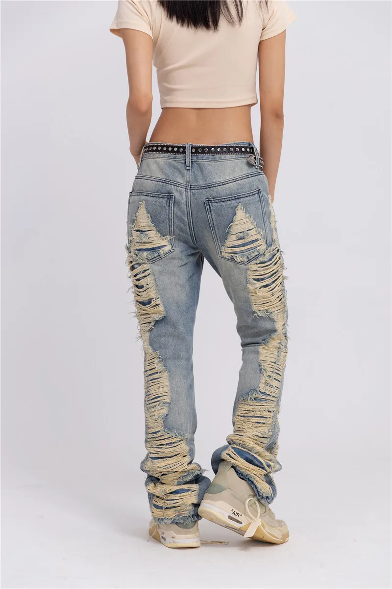 Fashion Ripped Denim Jeans Mens Destoryed Holes Zipper Straight Trousers Jeans Hip Hop Streetwear New Casual Joggers Jeans Pants