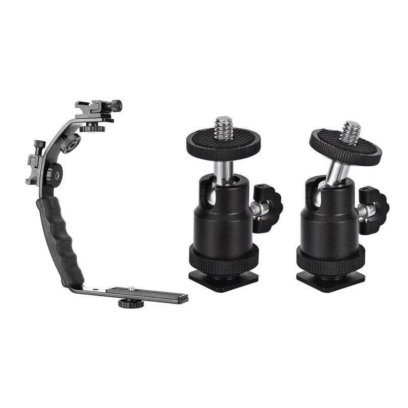 

HFES 1X Camera L Bracket Mount Video Grip L-Bracket Dual Flash Cold Shoe Mount 1/4 Inch Tripod Screw & 2 Pack With Hot Shoe Moun