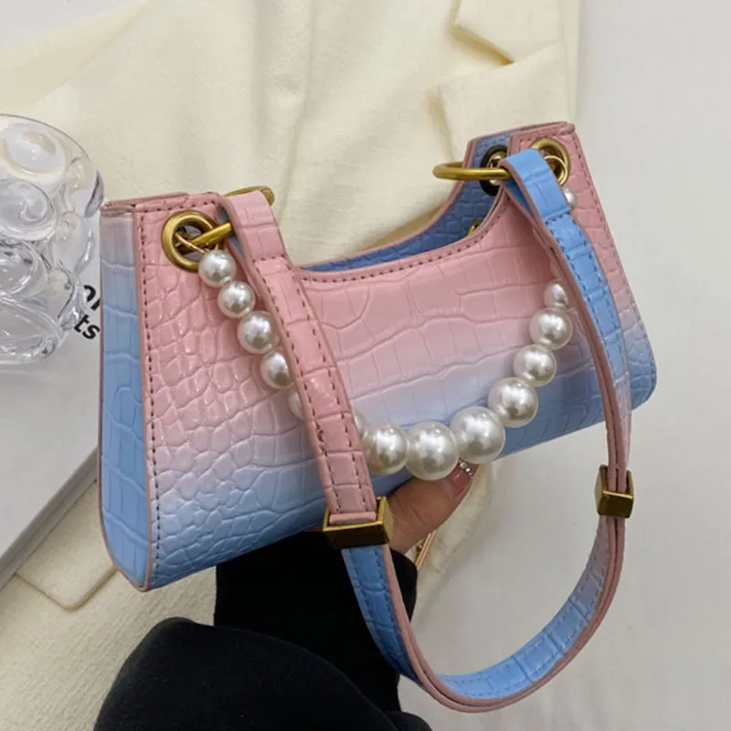 

Модные тисненые под змеиную кожу сумки для подмышек контрастный цвет дизайн жемчужные цепи женская сумка на одно плечо новые женские сумки