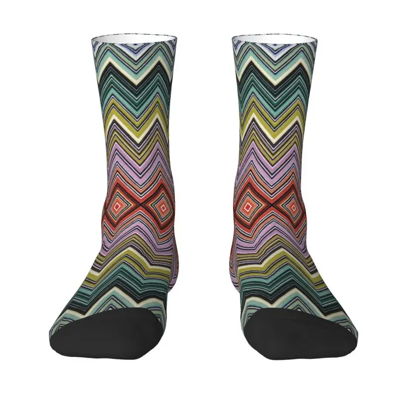

Kawaii Mens Boho Home Zig Zag Dress Socks Unisex Warm Breathbale 3D Print Chic Abstract Geometric Zigzag Crew Socks