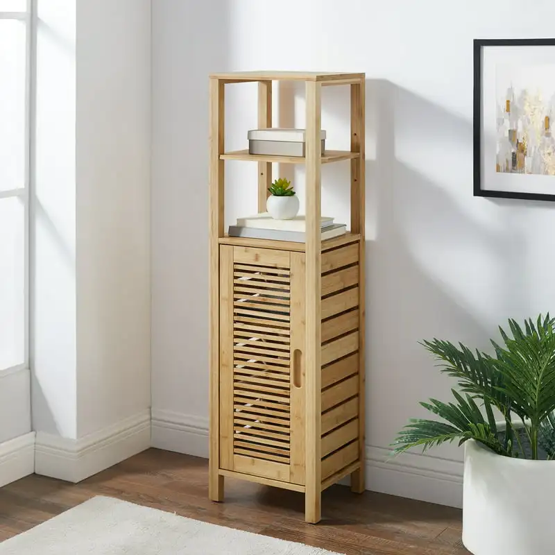 

6- Single Door Bathroom Cabinet, Natural Bamboo
