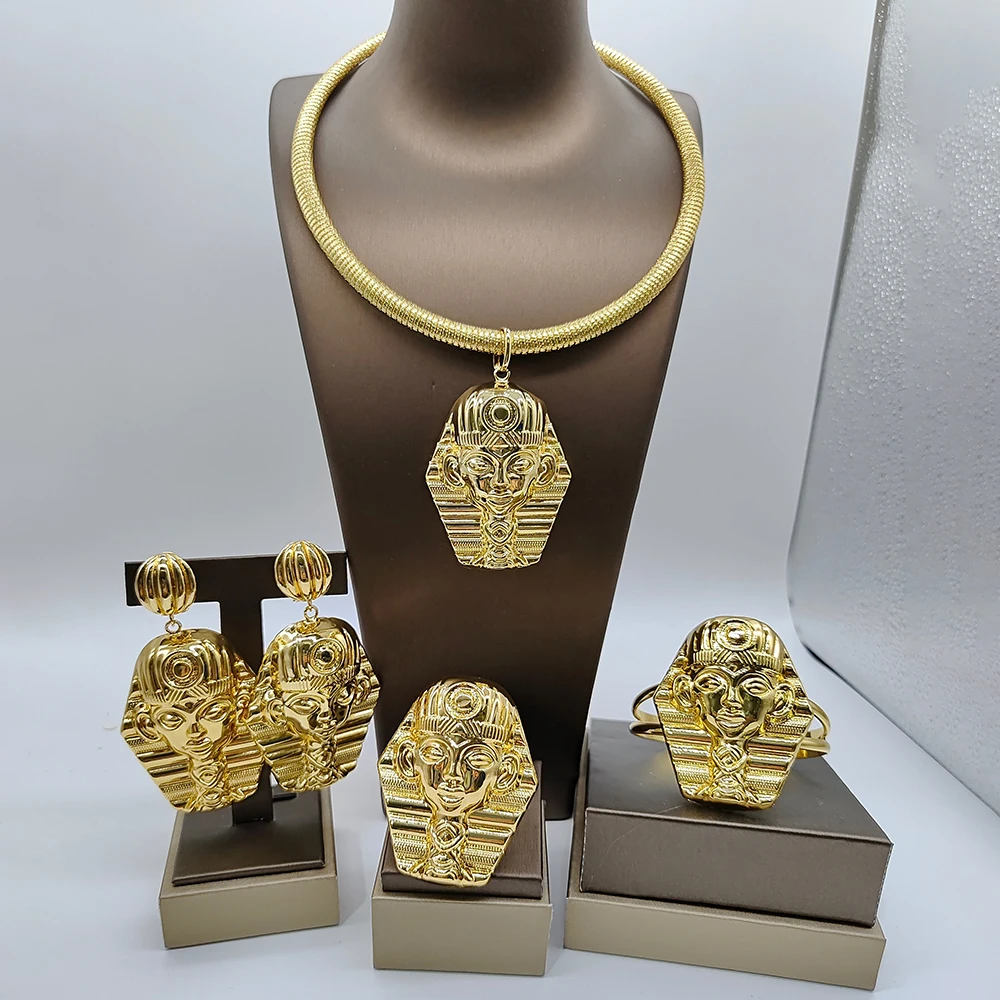

Vintage Jewelry Set for Women Egyptian Pharaoh Design Dubai Gold Color Pendant and Earrings Set for Bridal Engagement Jewelry