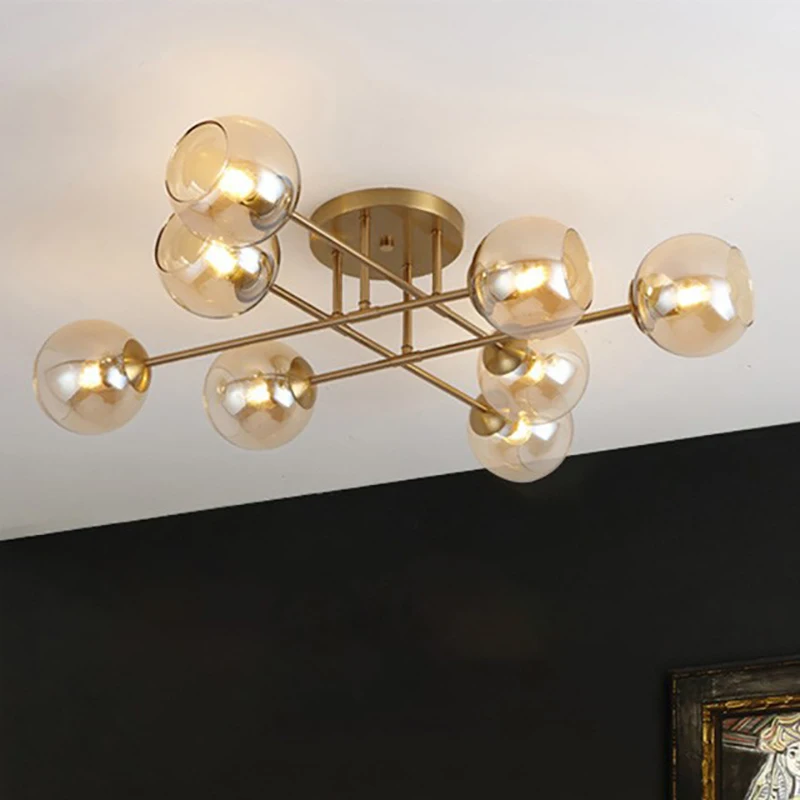 

Nordic LED Glass Ceiling Light Luxury Amber Iron Multi Head Lamps For Bedroom Living Room Study Coffer Shop Illumination Fixture