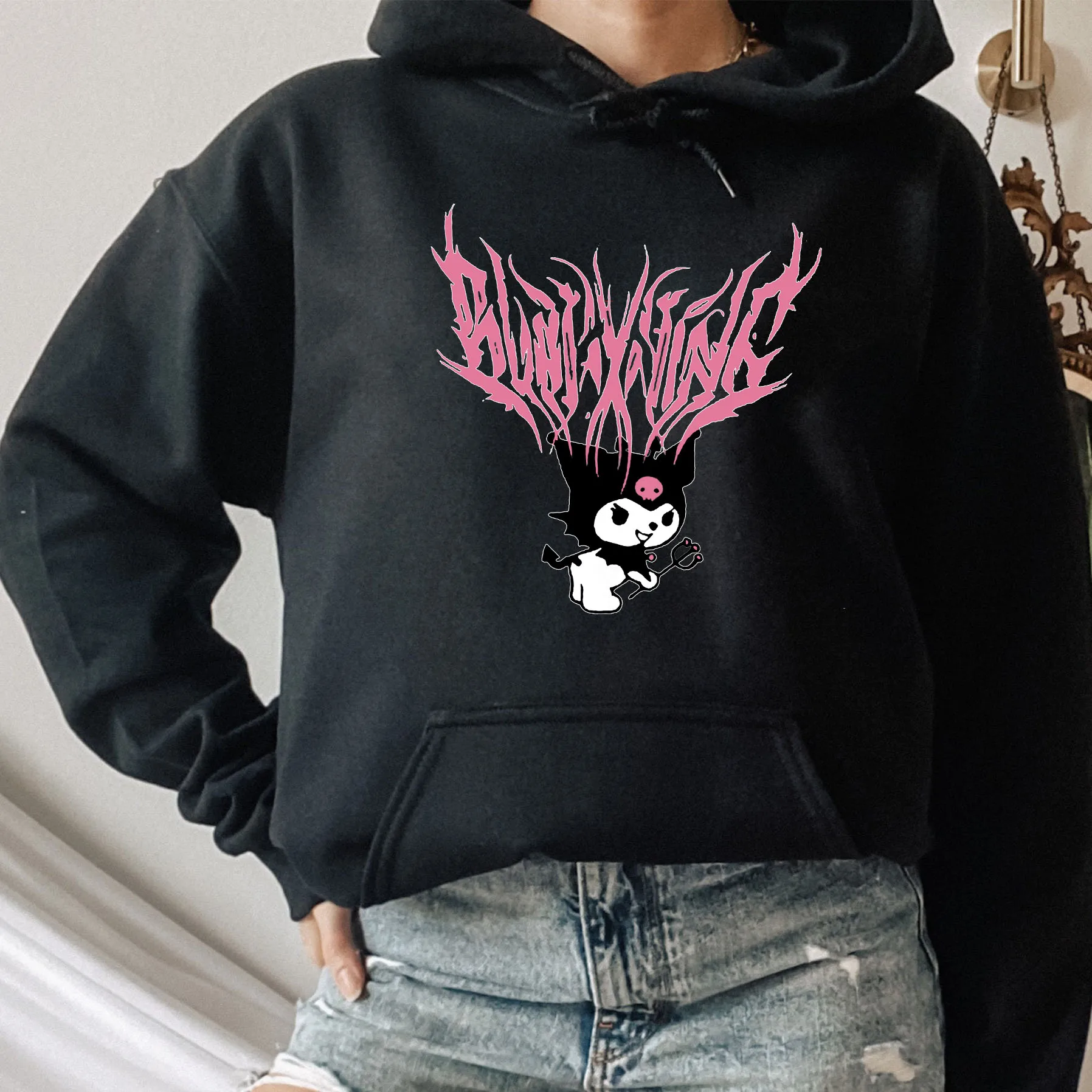 

Women Black White Fashion Gothic Oversized Hoodie Sweatshirt Female Anime Harajuku Y2k Clothes