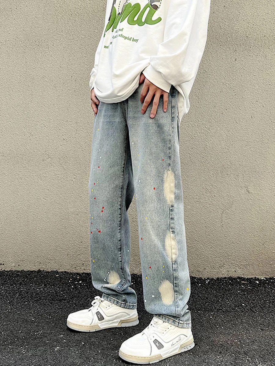 Four Seasons Men's Men's New American Retro Washed Jeans Straight Brush Painted Wide Leg Pants Fashion Streetwear Ins Hot Sale